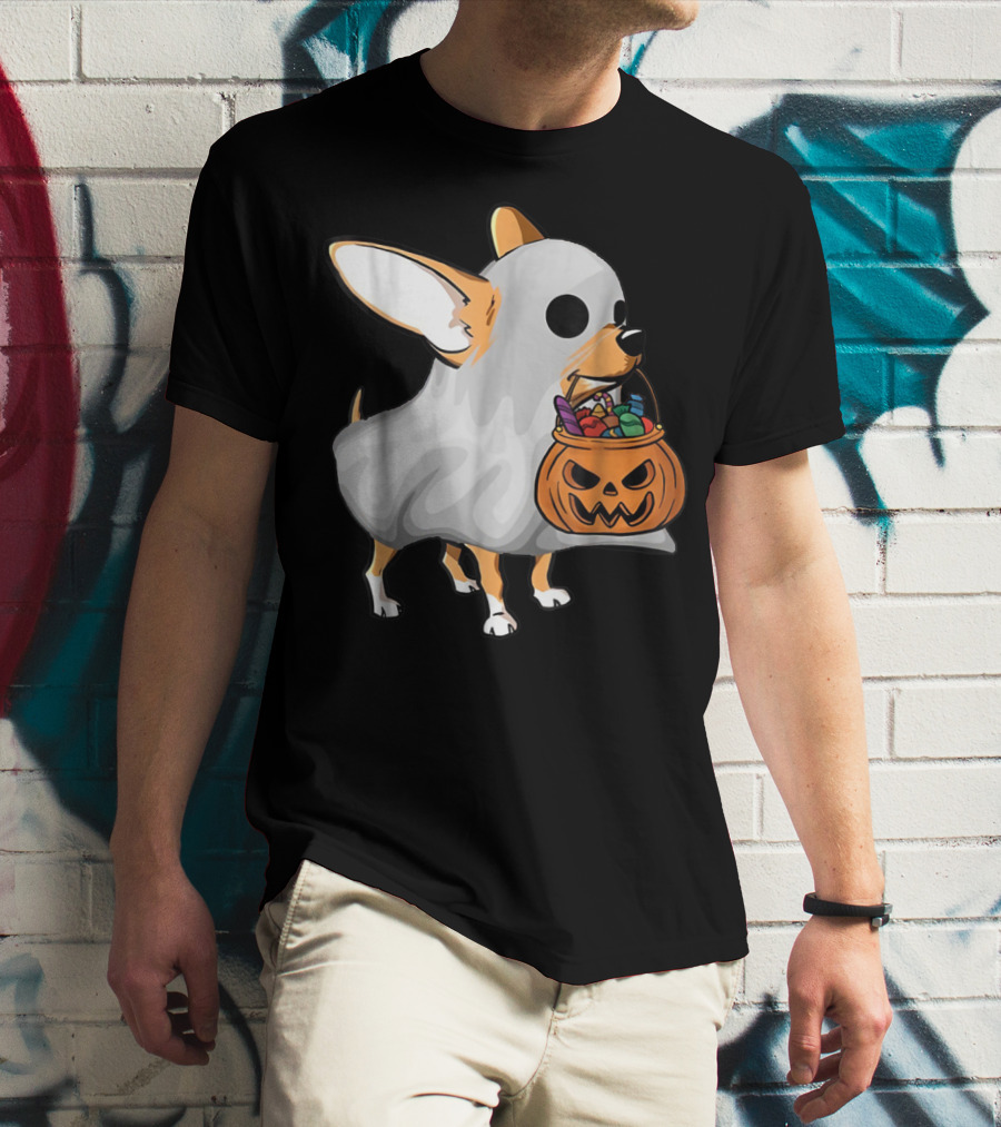 Ghost Chihuahua Trick-or-Treat Pumpkin Basket T-Shirt