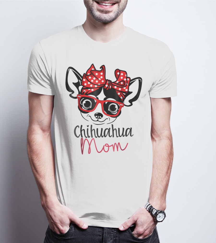 Chihuahua Mom Red Glasses And Polka Dot Bow T-Shirt