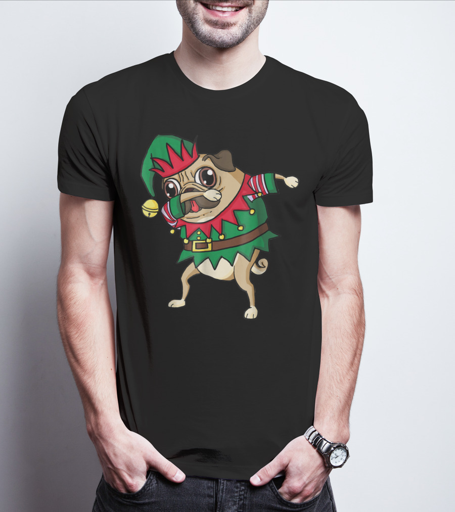 Christmas Dabbing Pug Dog Elf Costume With Festive Hat And Green Red T-Shirt