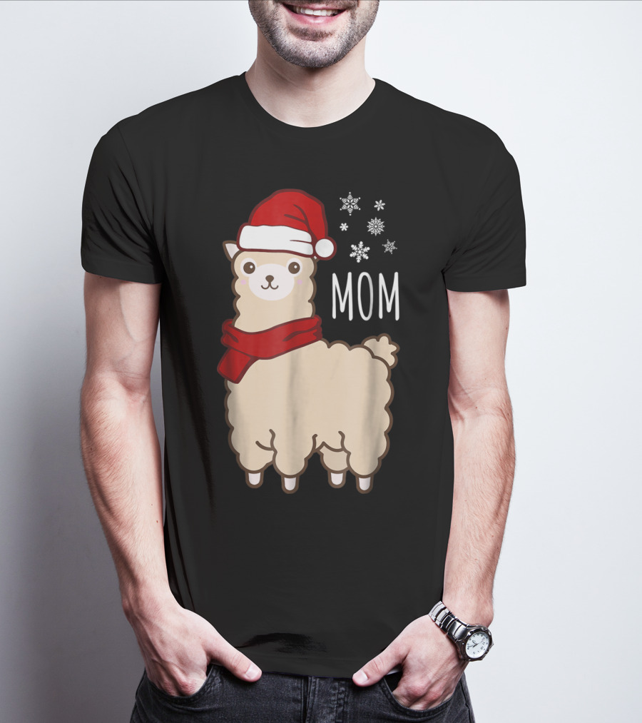 Christmas Mom Llama Cria Herd Xmas Mother Santa Hat Snowflakes T-Shirt