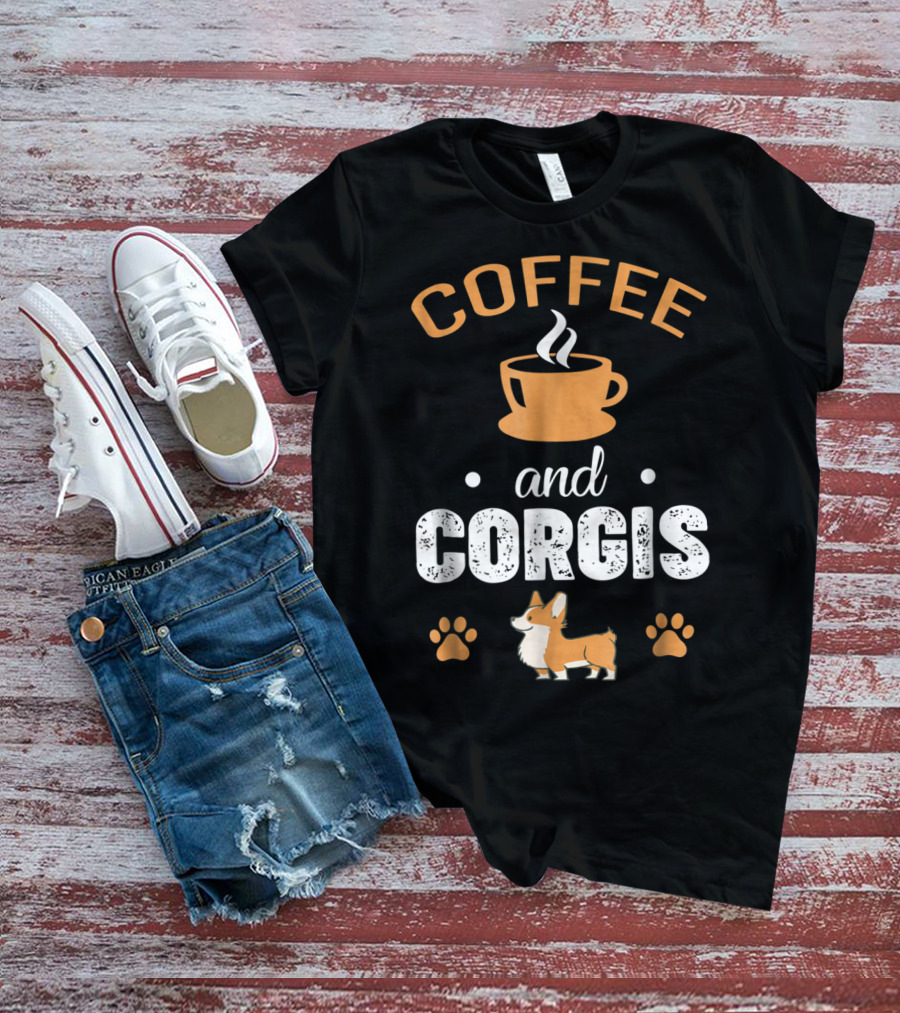 Coffee And Corgis Cute Welsh Corgi With Paw Prints And Coffee Cup T-Shirt