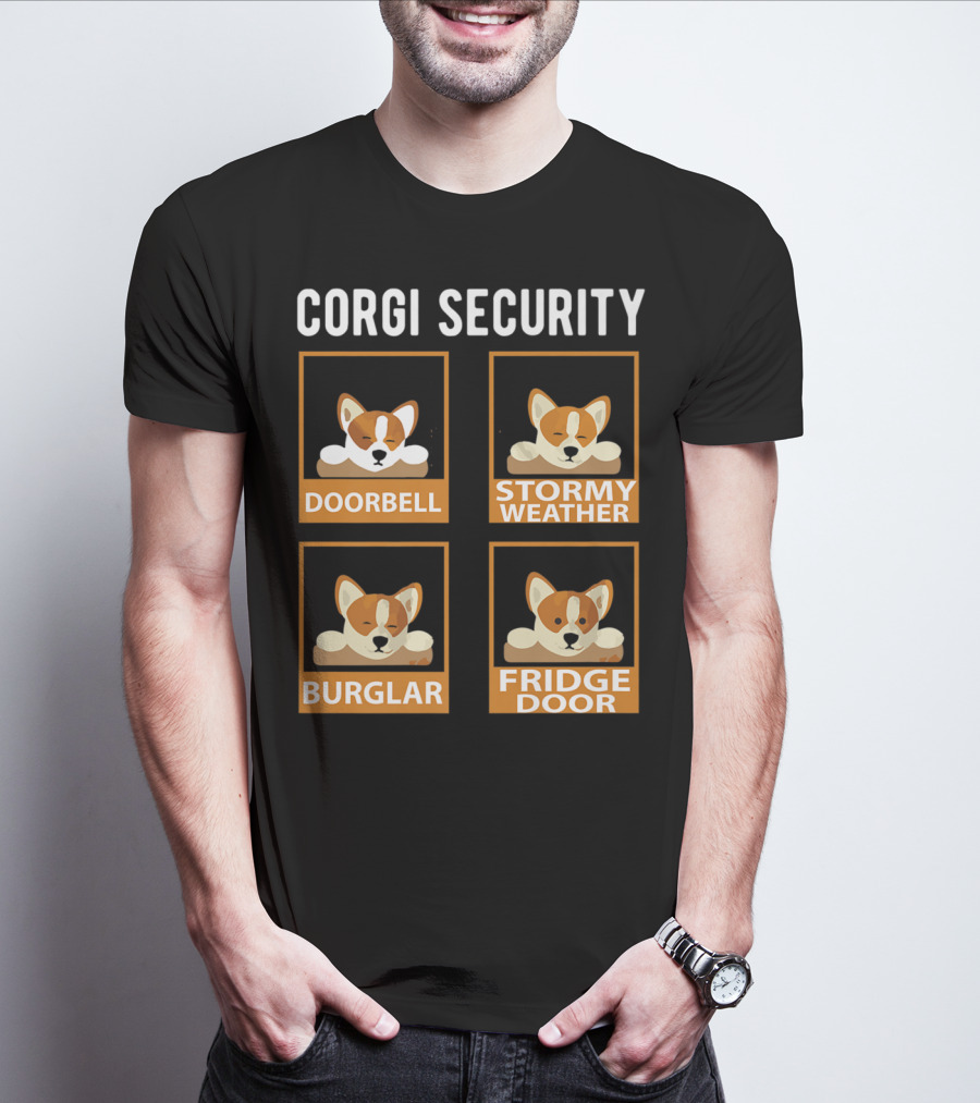 Corgi Security Doorbell Stormy Weather Burglar Fridge Door Pembroke Welsh Dog Mom Funny T-Shirt