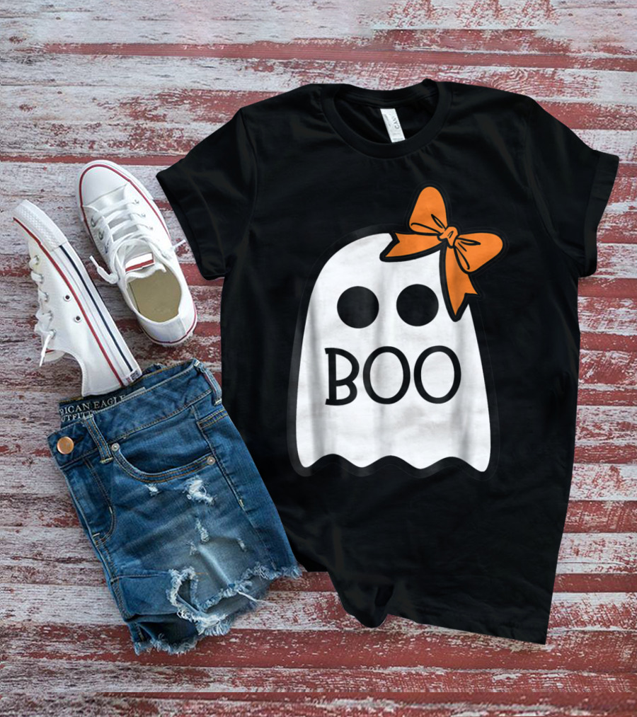 Cute Ghost Boo With Orange Bow For Halloween T-Shirt