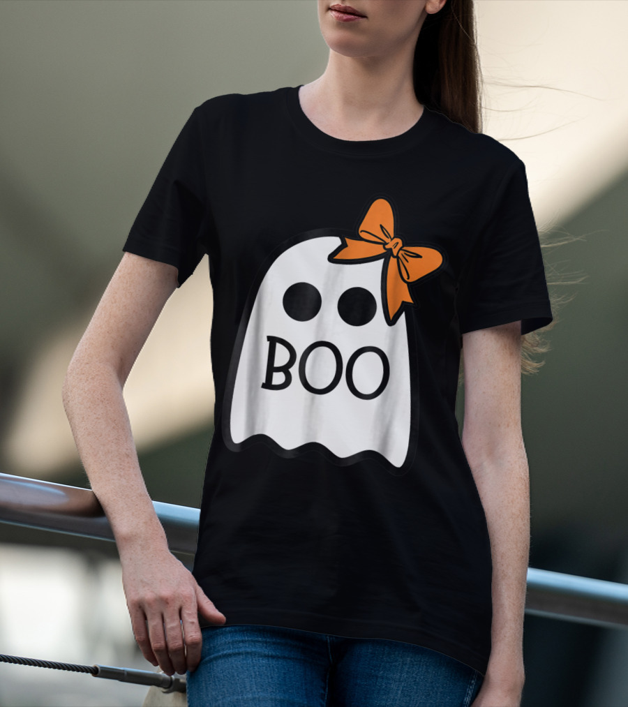 Cute Ghost Boo With Orange Bow For Halloween T-Shirt