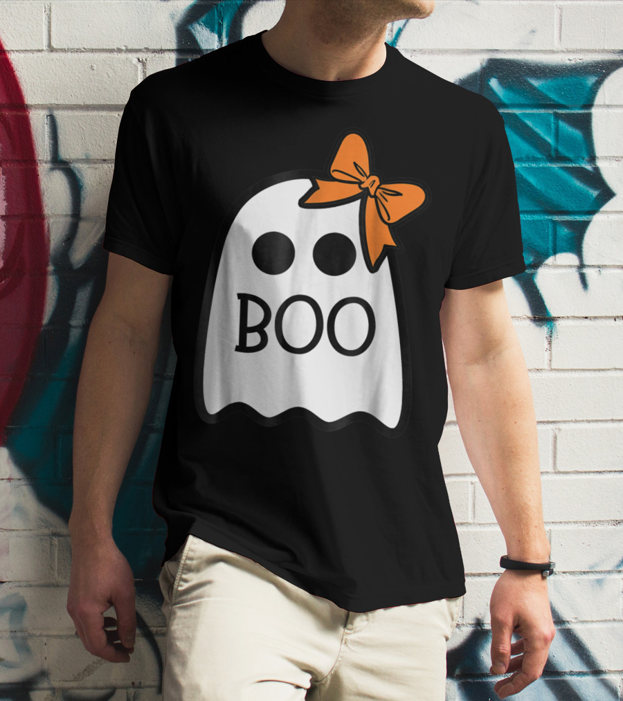 Cute Ghost Boo With Orange Bow For Halloween T-Shirt