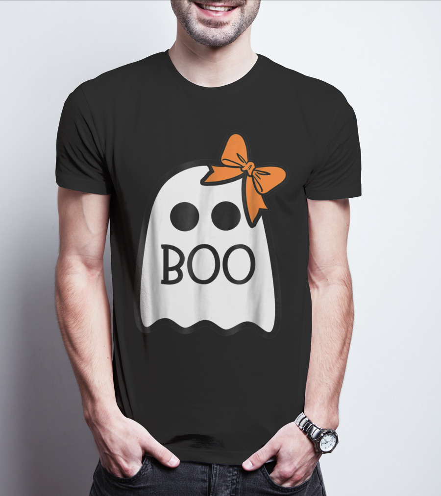 Cute Ghost Boo With Orange Bow For Halloween T-Shirt