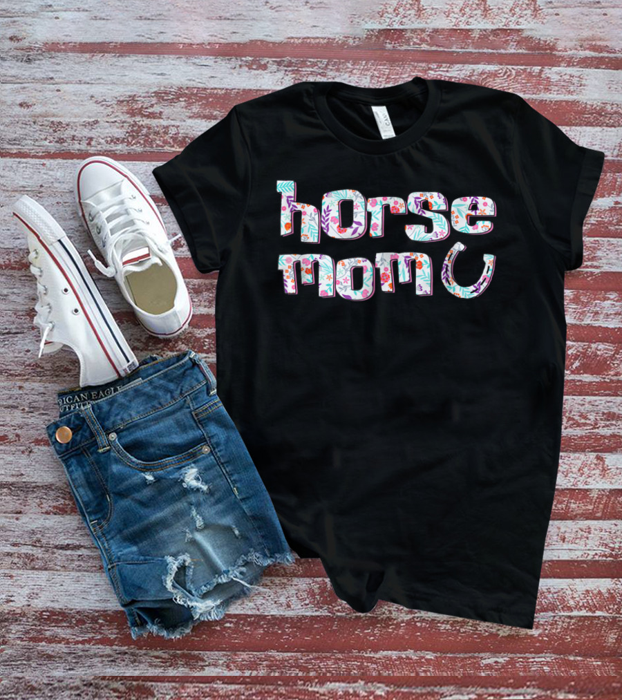Horse Mom Floral Pattern Cute Horses Racing Riding T-Shirt