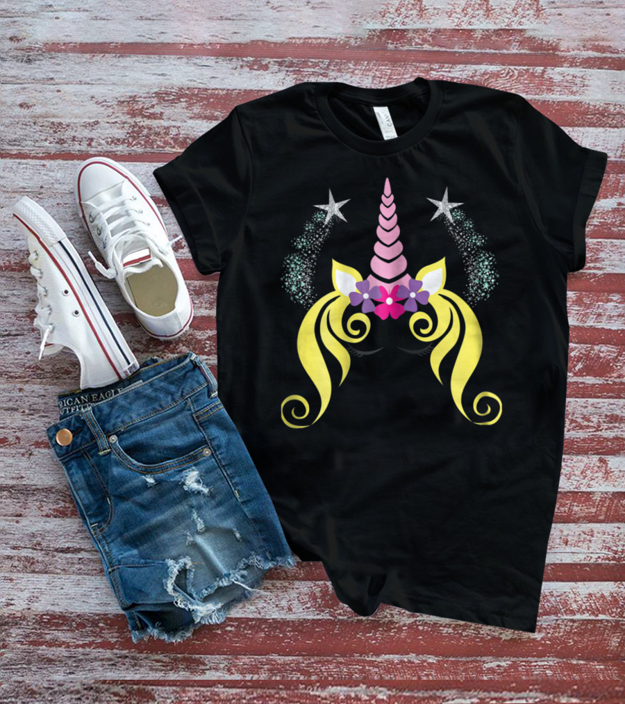 Floral Unicorn Face With Sparkling Stars Birthday T-Shirt