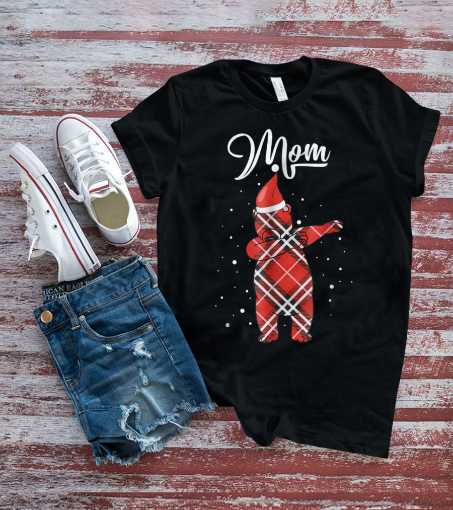 Mom Red Plaid Bear Dabbing Christmas T-Shirt