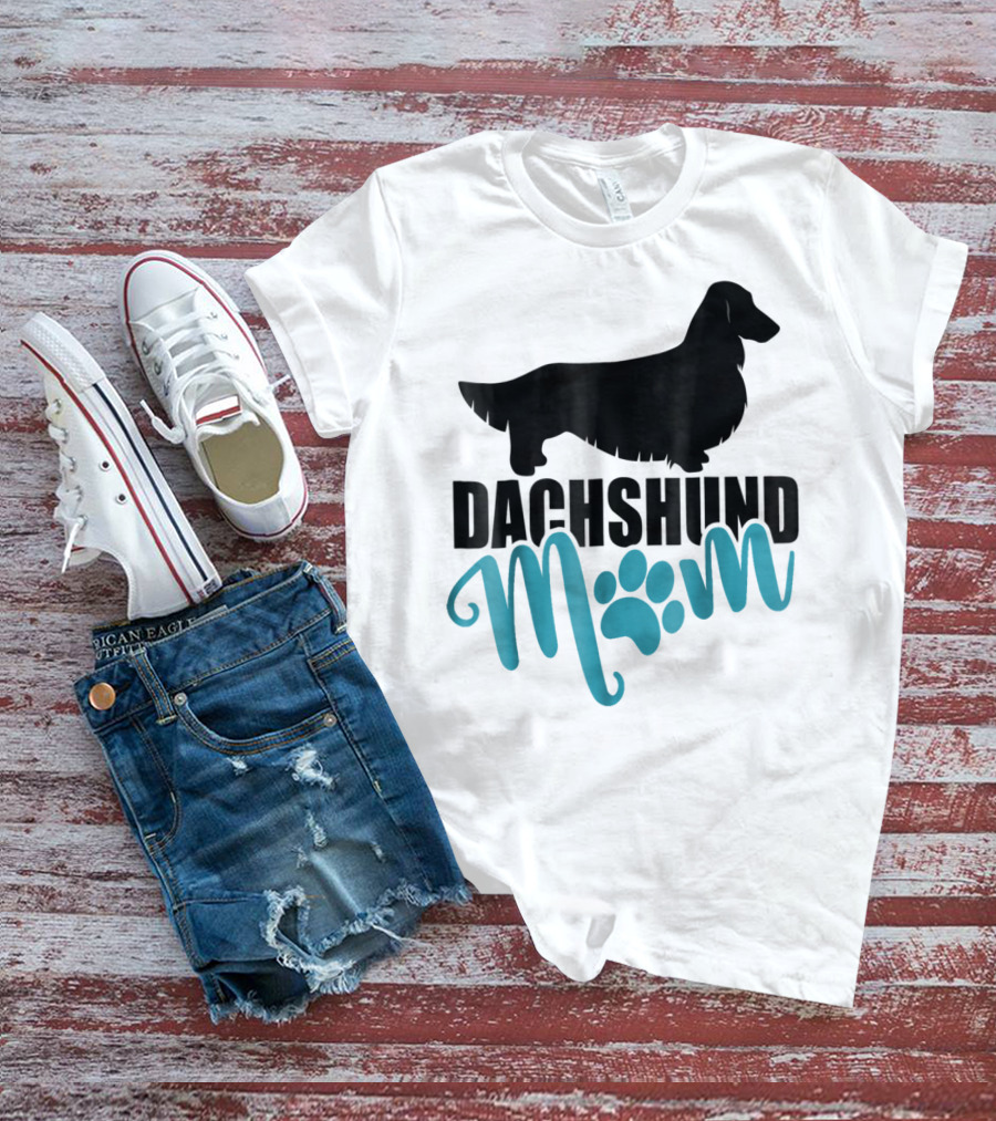 Dachshund Mom Longhair Silhouette With Blue Pawprint Accent T-Shirt