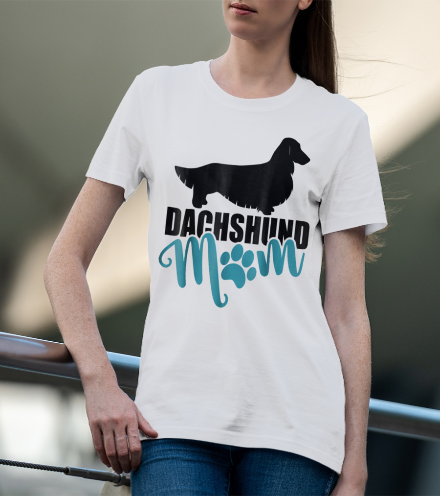 Dachshund Mom Longhair Silhouette With Blue Pawprint Accent T-Shirt