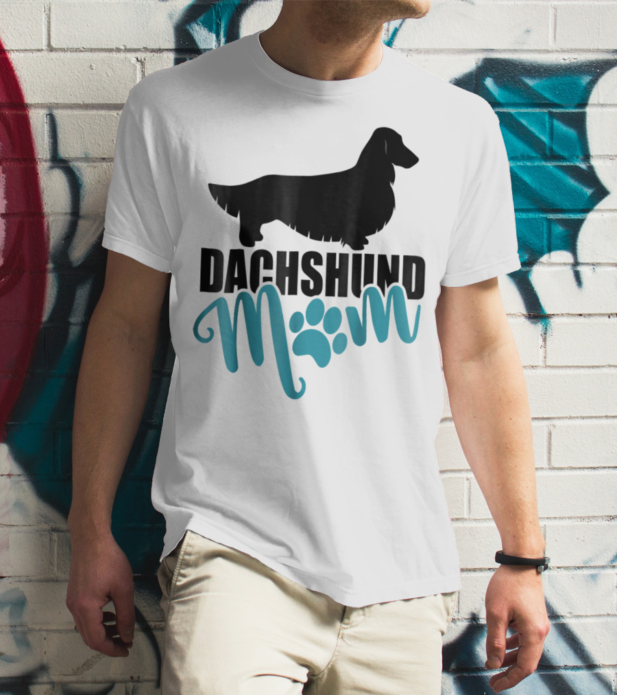 Dachshund Mom Longhair Silhouette With Blue Pawprint Accent T-Shirt