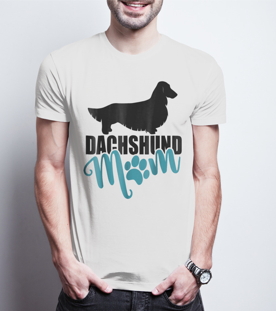 Dachshund Mom Longhair Silhouette With Blue Pawprint Accent T-Shirt
