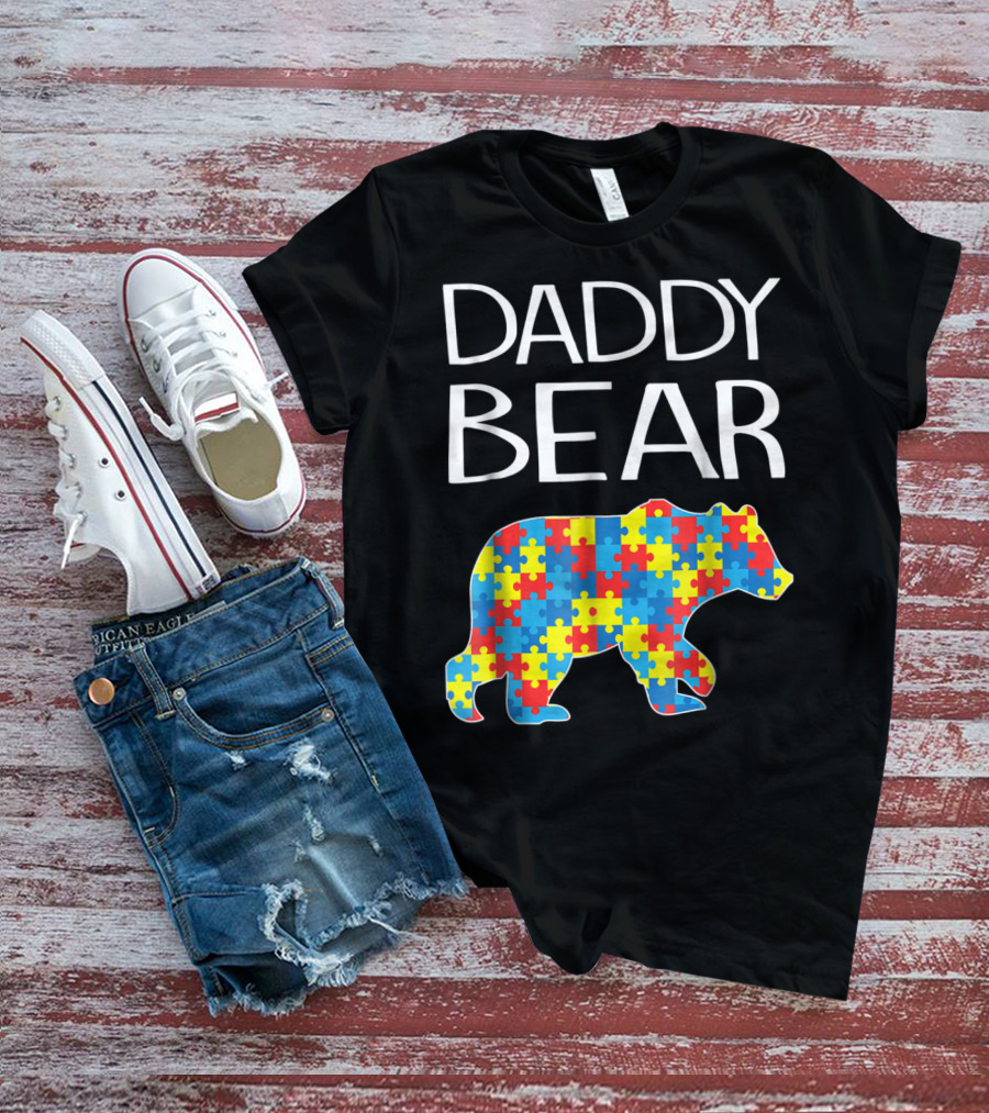 Daddy Bear Autism Puzzle Pattern Child Dad T-Shirt