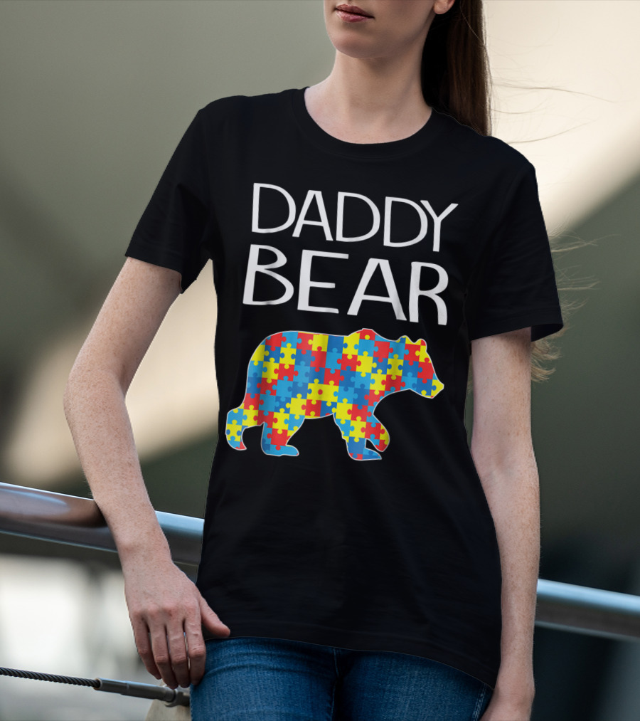 Daddy Bear Autism Puzzle Pattern Child Dad T-Shirt