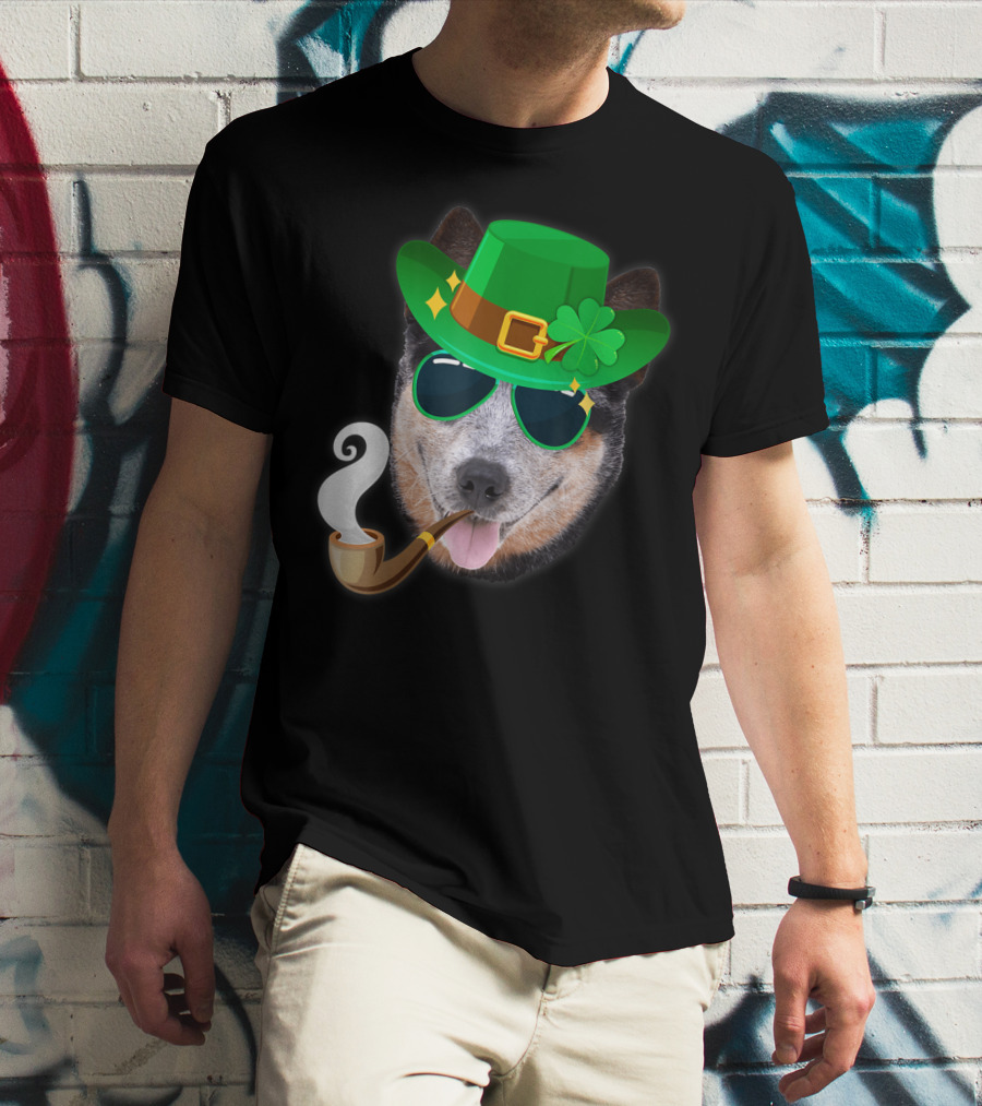 Australian Cattle Dog Leprechaun With Pipe And Shamrock Hat T-Shirt