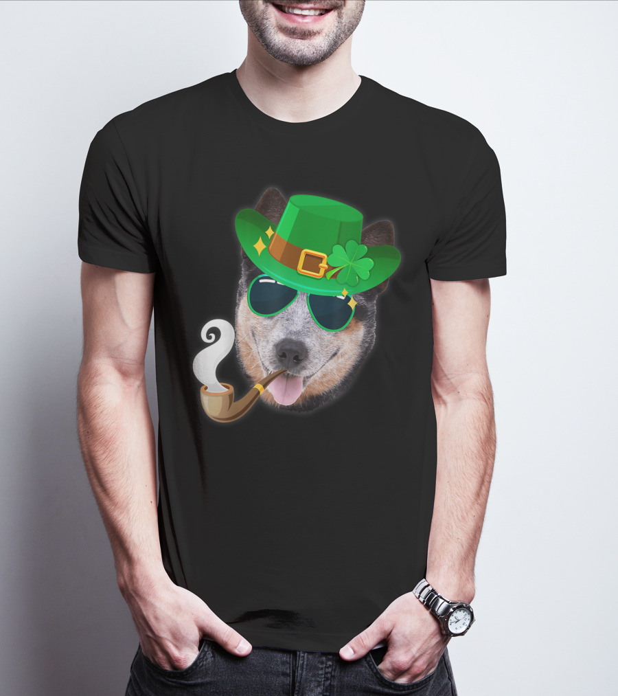 Australian Cattle Dog Leprechaun With Pipe And Shamrock Hat T-Shirt