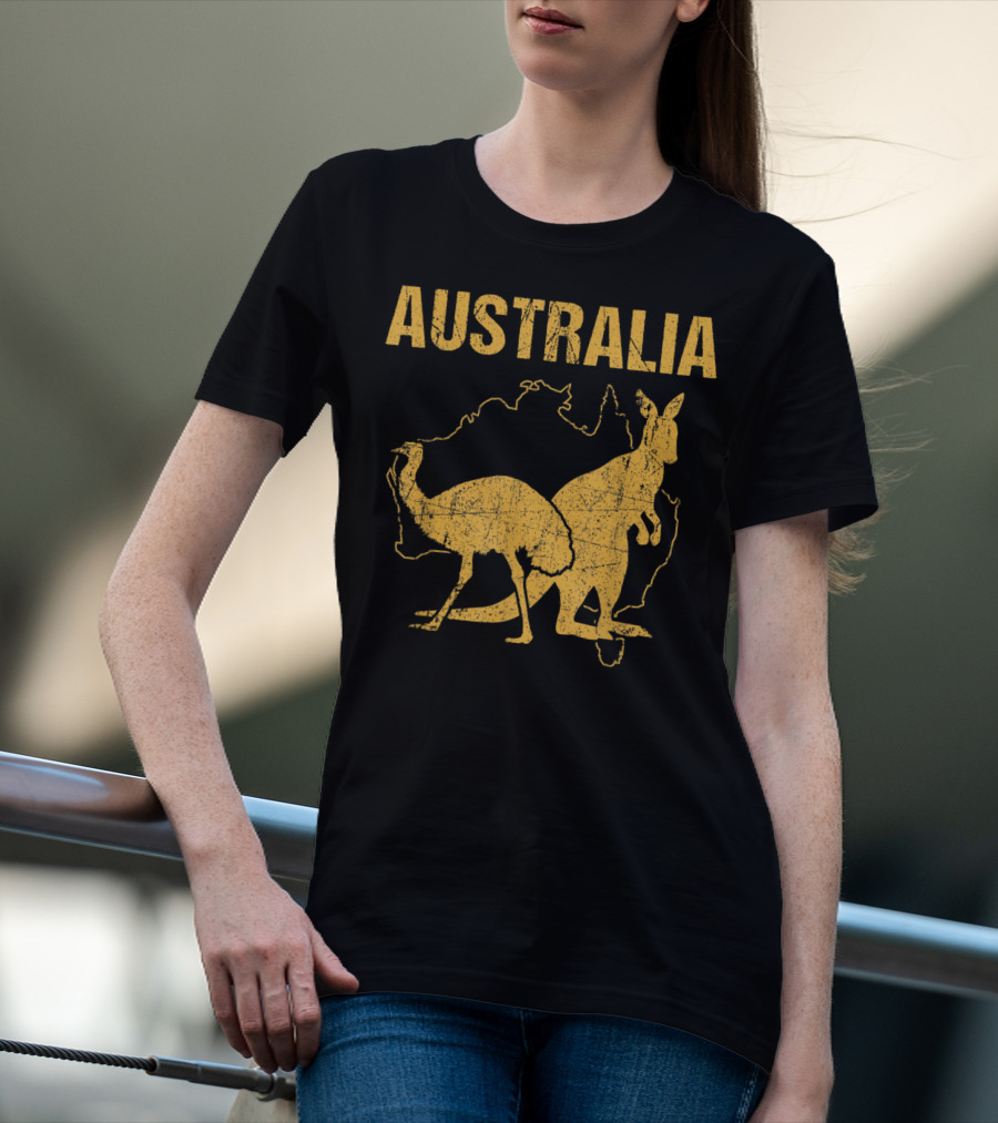 Australia Kangaroo And Emu Silhouette Map T-Shirt