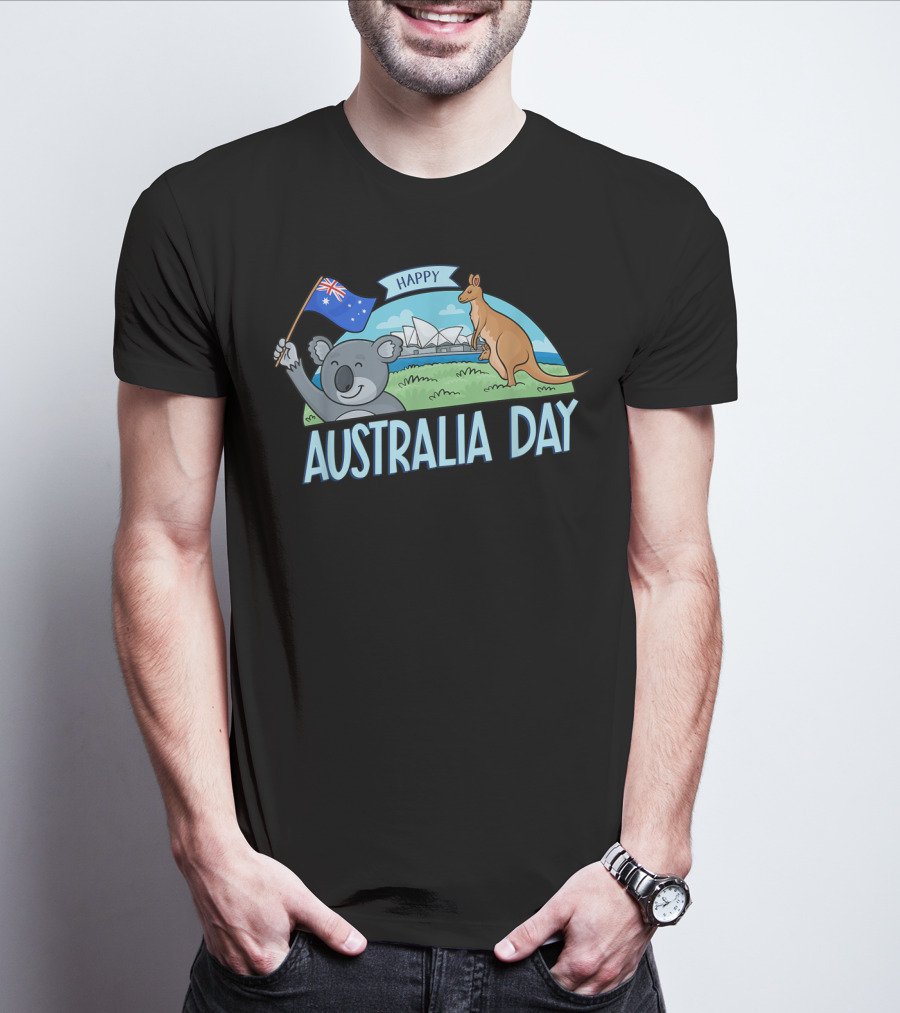 Happy Australia Day Koala Bear And Kangaroo With Australian Flag T-Shirt