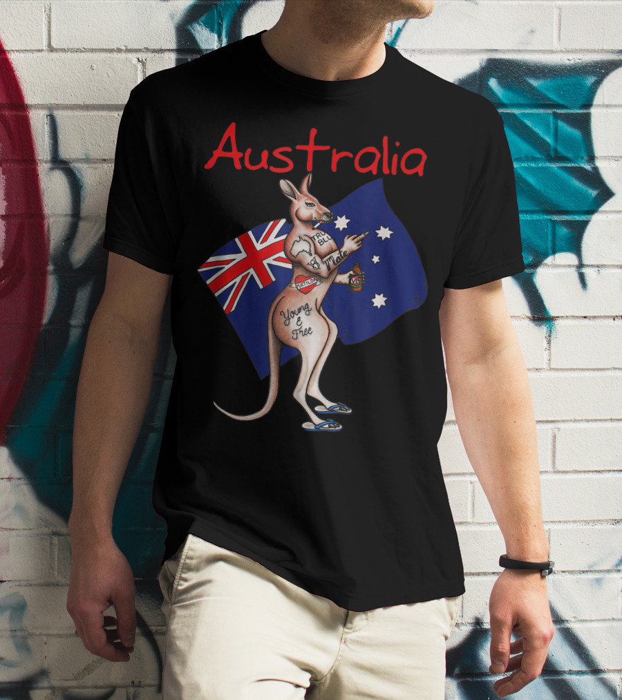Australia Tattooed Kangaroo Young And Free Flag T-Shirt