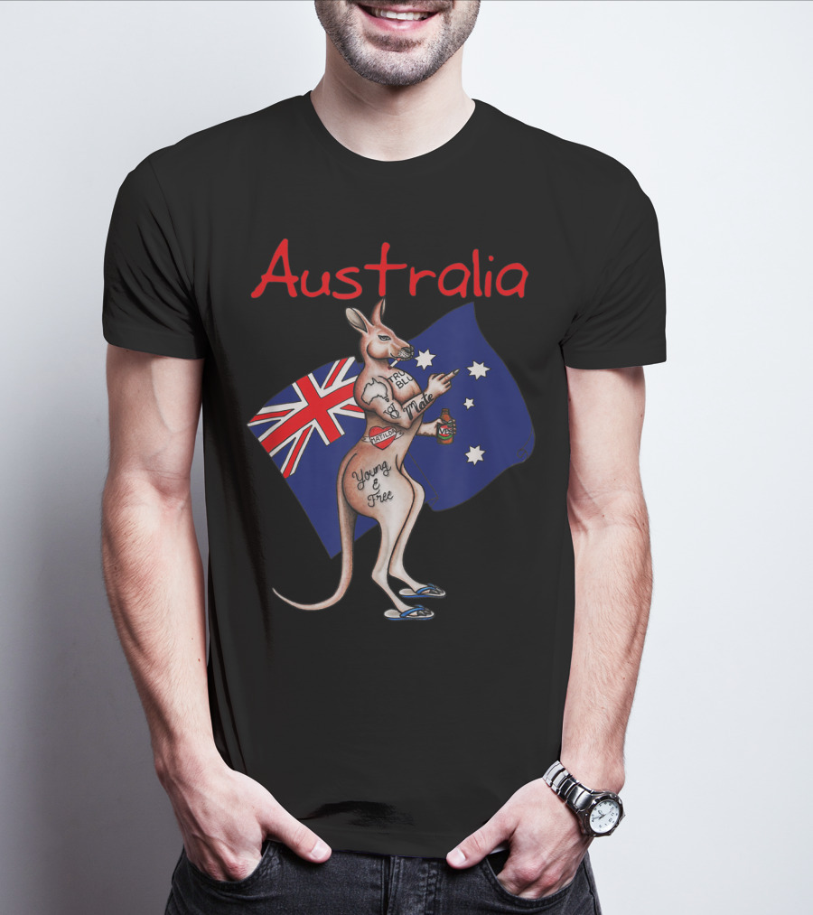 Australia Tattooed Kangaroo Young And Free Flag T-Shirt