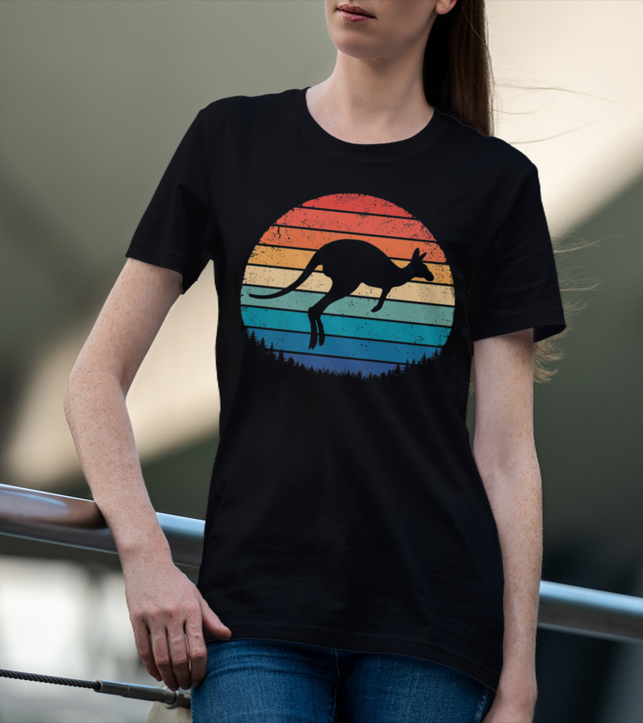 Australia Kangaroo Vintage Sunset Forest Silhouette Retro Stripes T-Shirt