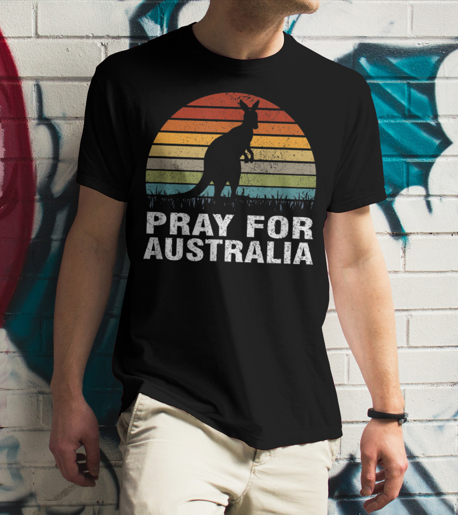 Retro Sun Stripes Kangaroo Silhouette Pray For Australia T-Shirt