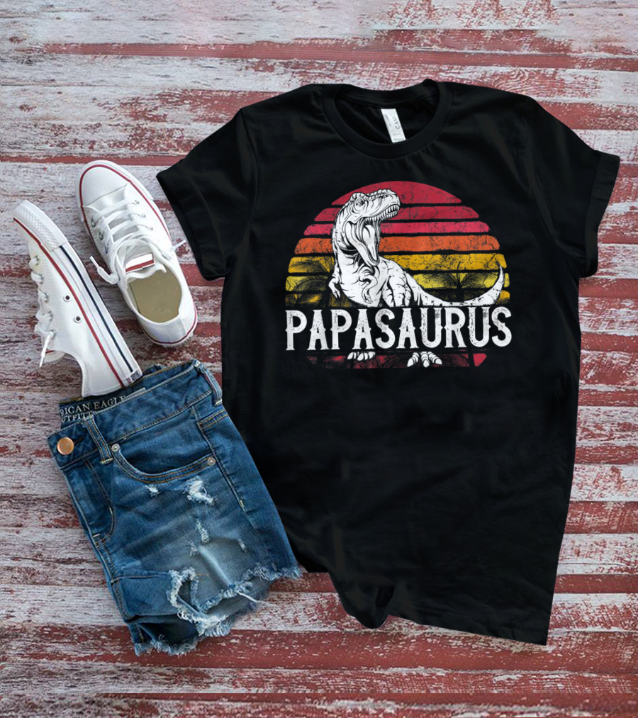 Mens Father's Day Papasaurus Dinosaur Retro Sunset T-Shirt