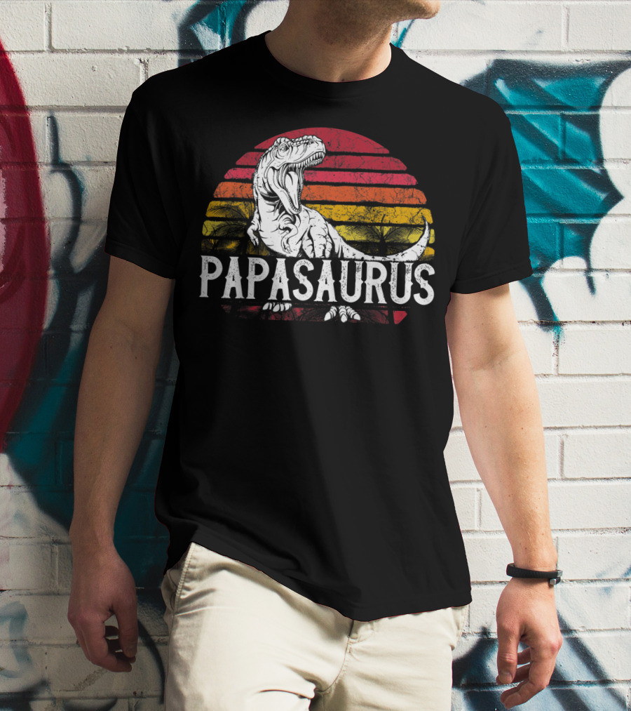 Mens Father's Day Papasaurus Dinosaur Retro Sunset T-Shirt