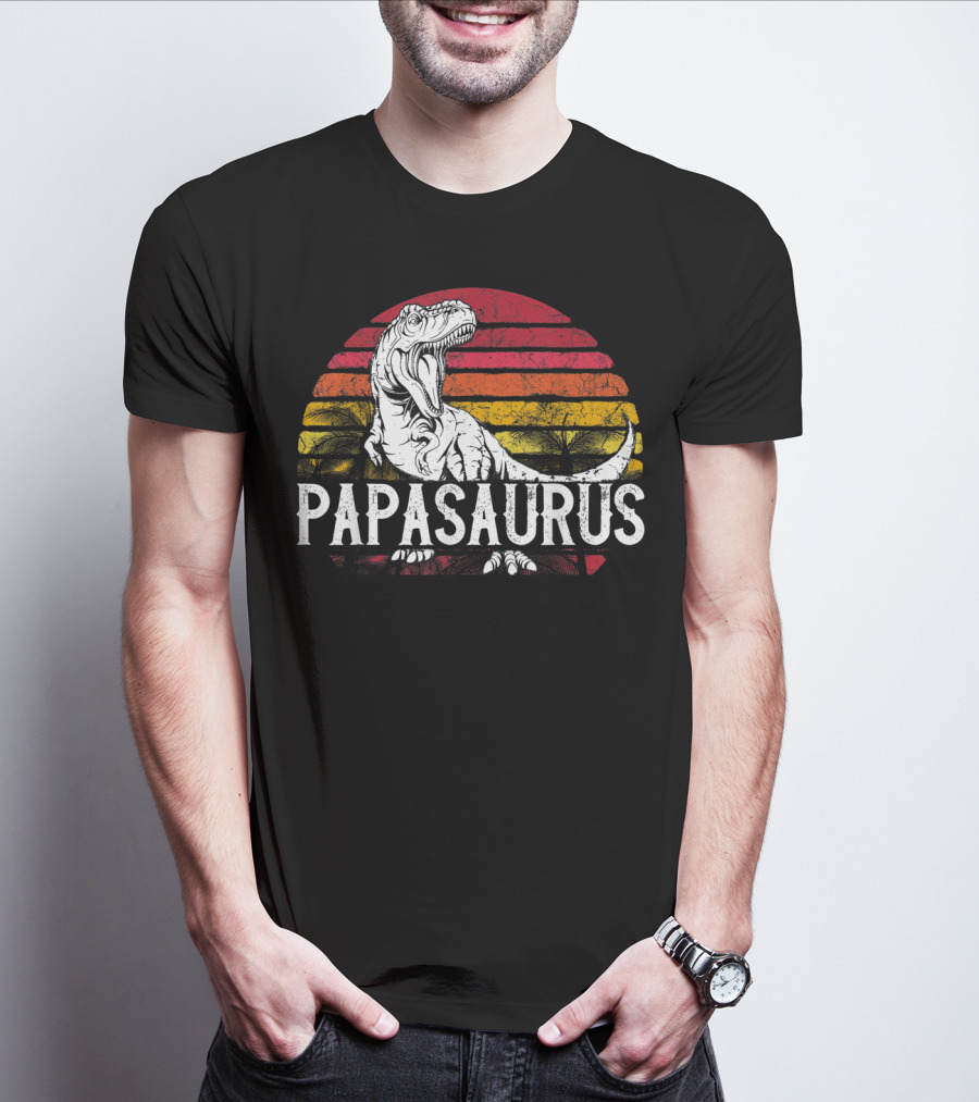 Mens Father's Day Papasaurus Dinosaur Retro Sunset T-Shirt