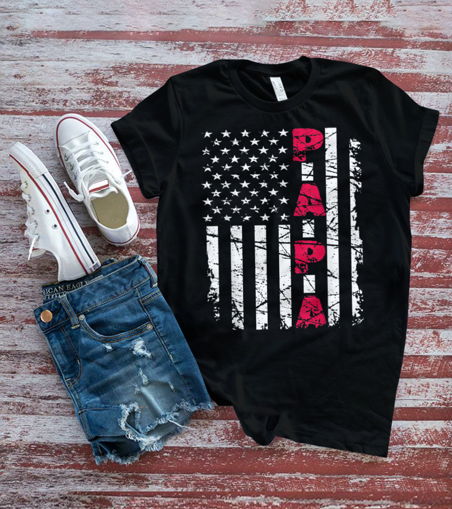 Mens Proud Papa American Flag Christmas Husban T-Shirt
