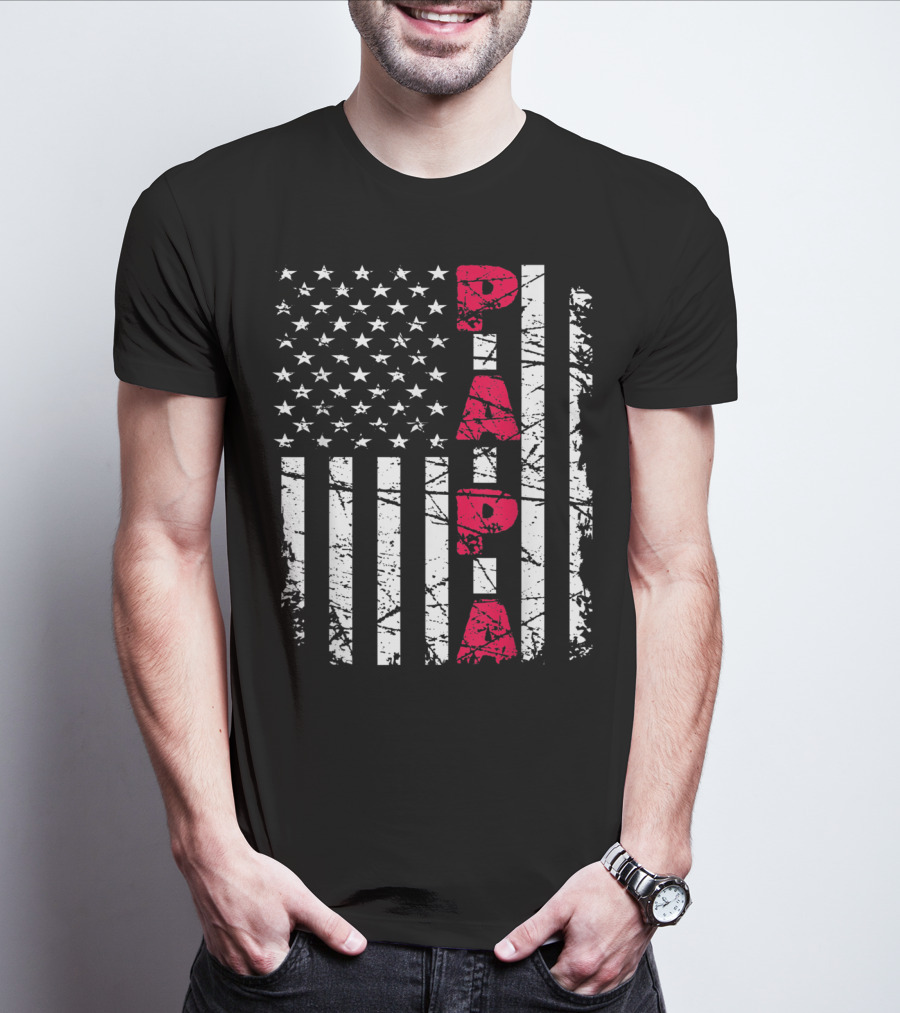Mens Proud Papa American Flag Christmas Husban T-Shirt