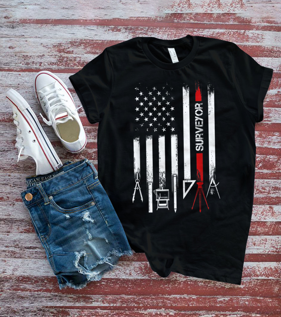 Surveyor American Flag With Tools And Compass Elements T-Shirt