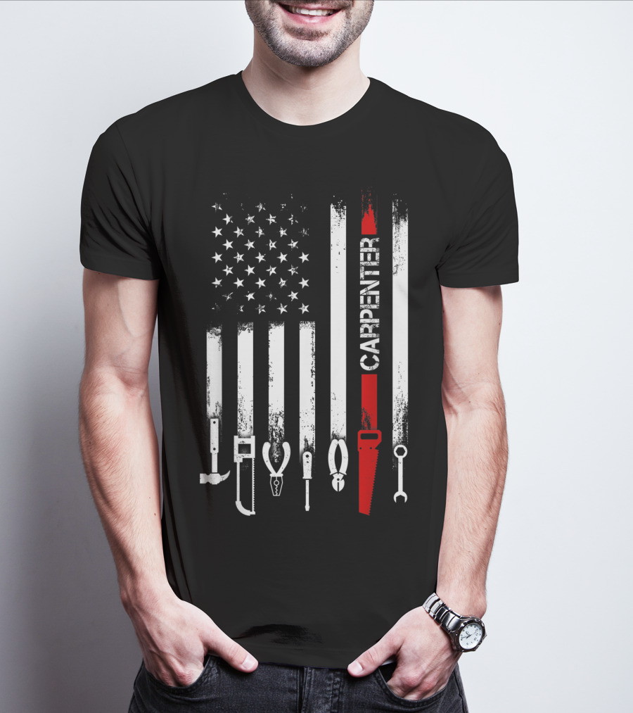 American Flag Carpenter Tools Vertical Stripes Saw Wrench Pliers Hammer T-Shirt