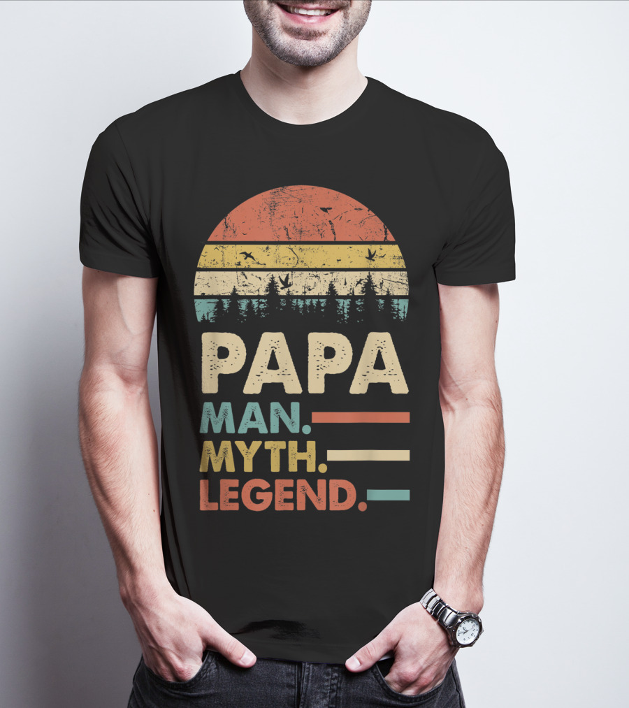 Papa Man Myth Legend Vintage Mens Dad Yx Retro Sunset Forest Birds T-Shirt