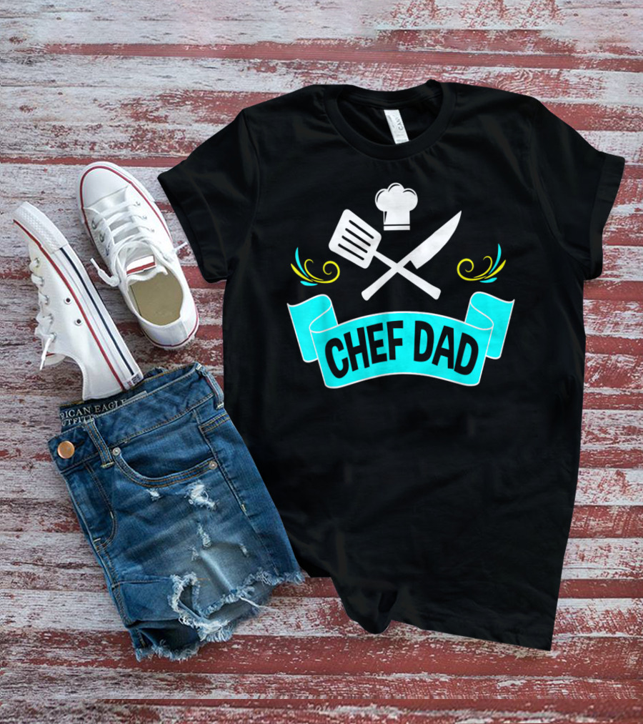 Chef Dad Cooking Daddy Banner With Chef Hat And Cooking Tools T-Shirt