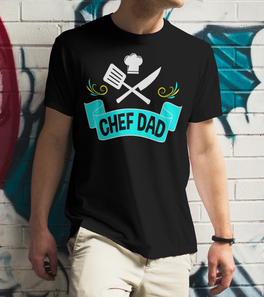 Chef Dad Cooking Daddy Banner With Chef Hat And Cooking Tools T-Shirt