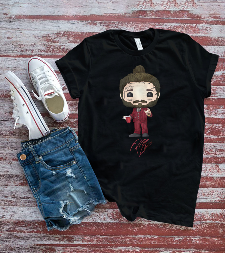 Post Malone Funko Pop Style Character With Tattoos And Red Suit Holding Cup T-Shirt