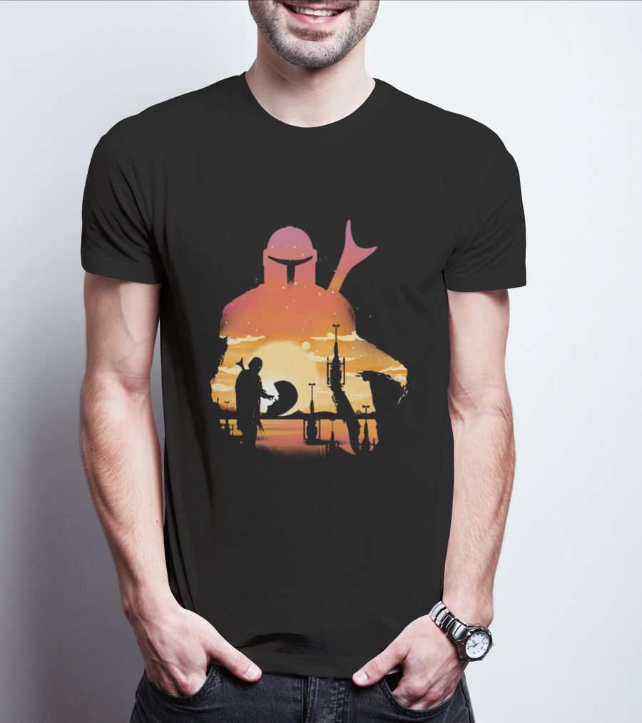 The Mandalorian Sunset Silhouette With Bounty Hunter And Child In Desert Scene T-Shirt