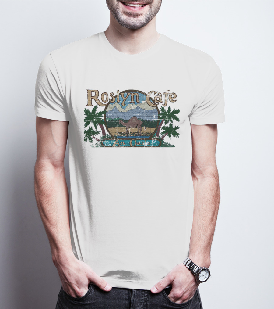 Roslyn Cafe An Oasis Camel And Palm Trees Scenic T-Shirt