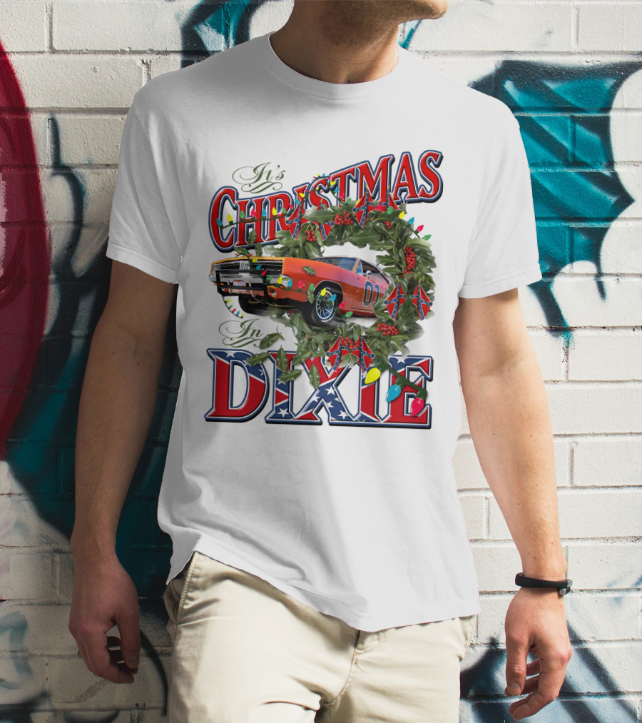 It's Christmas In Dixie 01 General Lee Car Wreath Lights T-Shirt