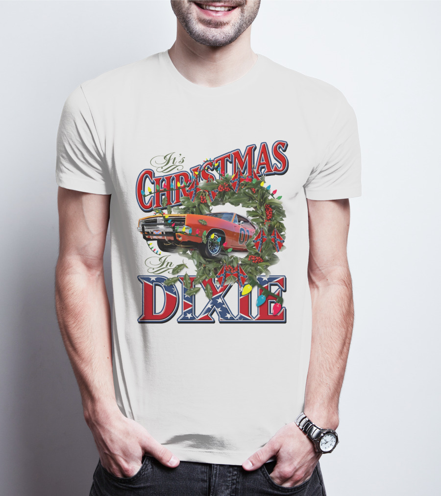 It's Christmas In Dixie 01 General Lee Car Wreath Lights T-Shirt