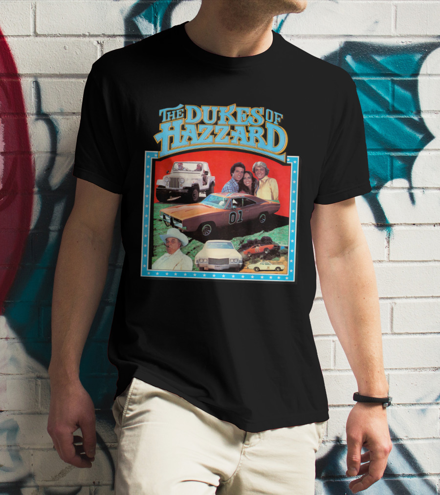The Dukes Of Hazzard 01 Car And Characters With Jeep And Cowboy Hat T-Shirt