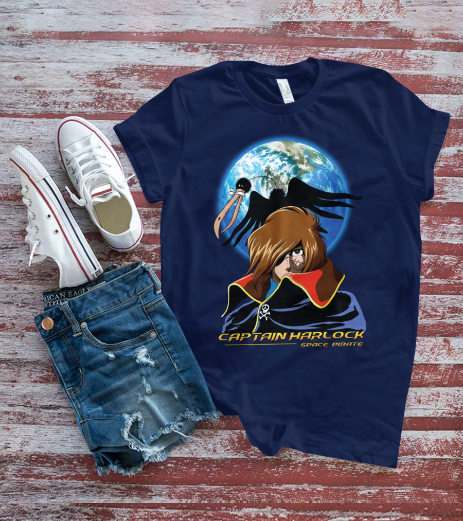 Captain Harlock Space Pirate Anime Icon With Earth And Black Bird T-Shirt