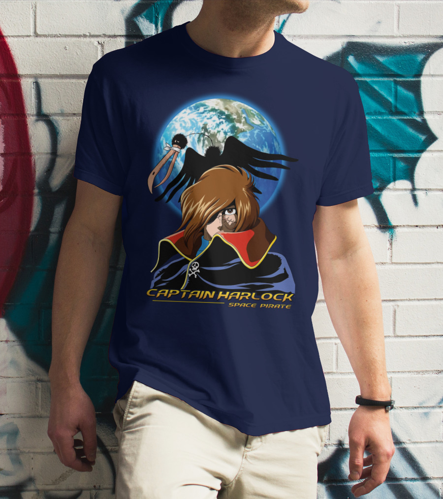 Captain Harlock Space Pirate Anime Icon With Earth And Black Bird T-Shirt