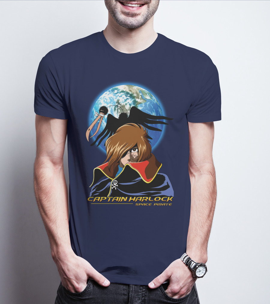 Captain Harlock Space Pirate Anime Icon With Earth And Black Bird T-Shirt