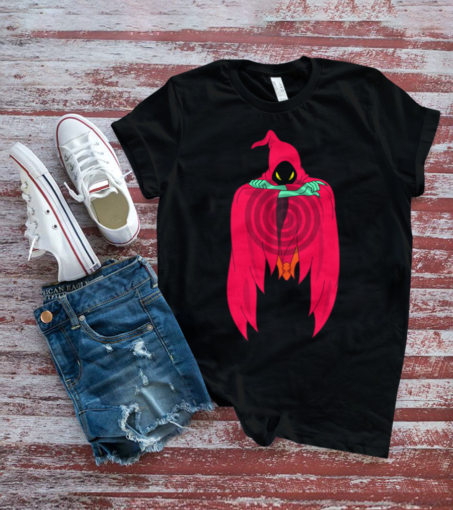 Shadow Weaver Enigmatic Hooded Phantom With Red Cape And Yellow Eyes T-Shirt
