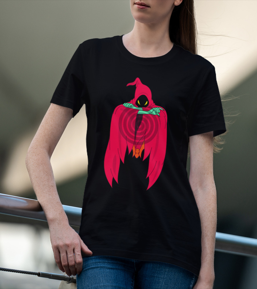 Shadow Weaver Enigmatic Hooded Phantom With Red Cape And Yellow Eyes T-Shirt
