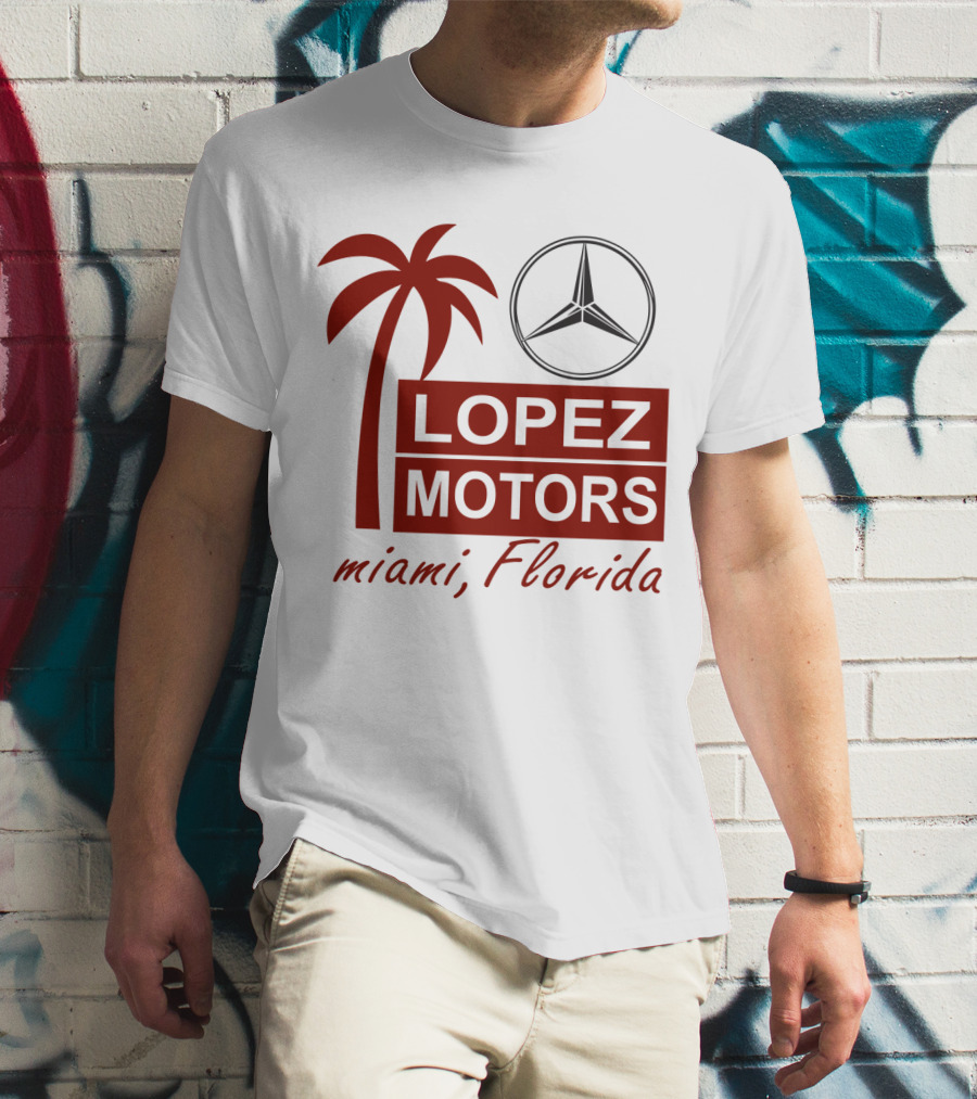 Lopez Motors Miami Florida Scarface Palm Tree Mercedes Benz Star T-Shirt