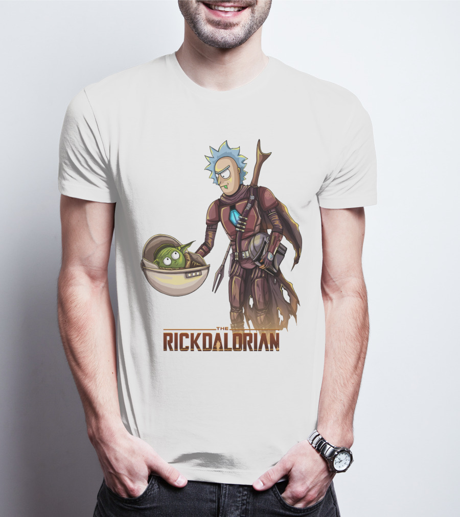 The RICKDALORIAN Sci-Fi Character Fusion With Armor And Green Alien In Pod T-Shirt